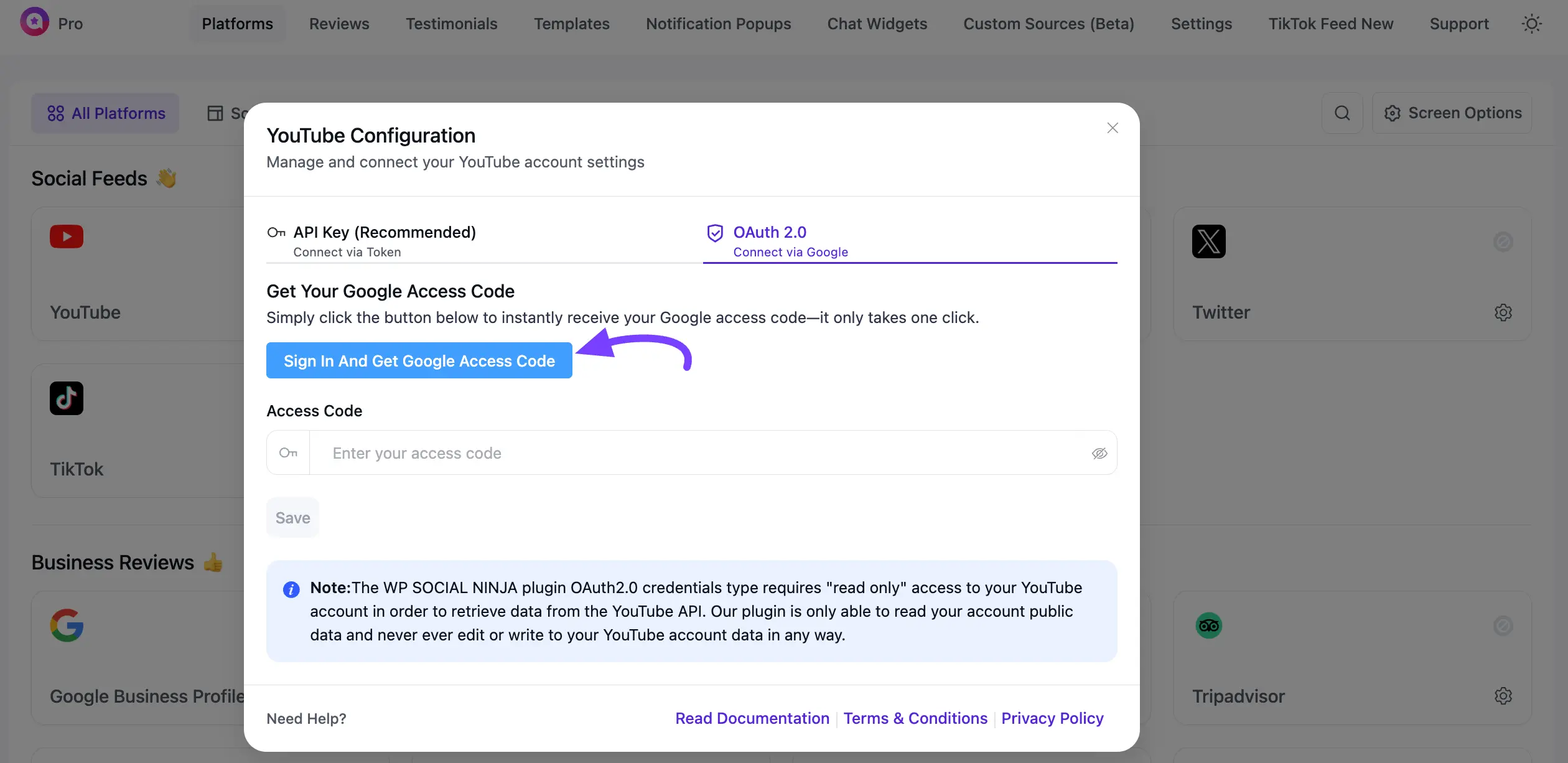 Selecting the OAuth 2.0 connection method