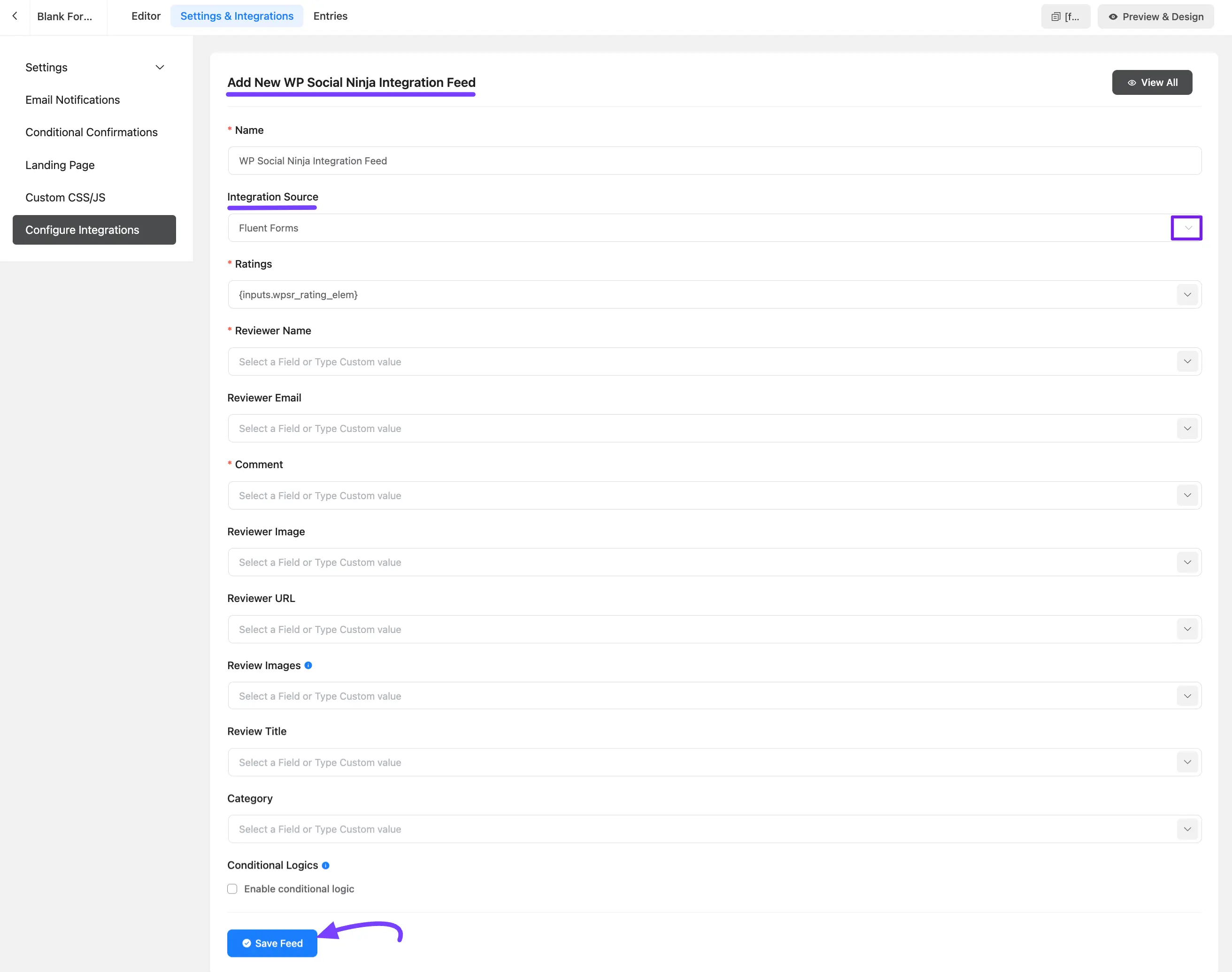 Add new WP social ninja integration feed