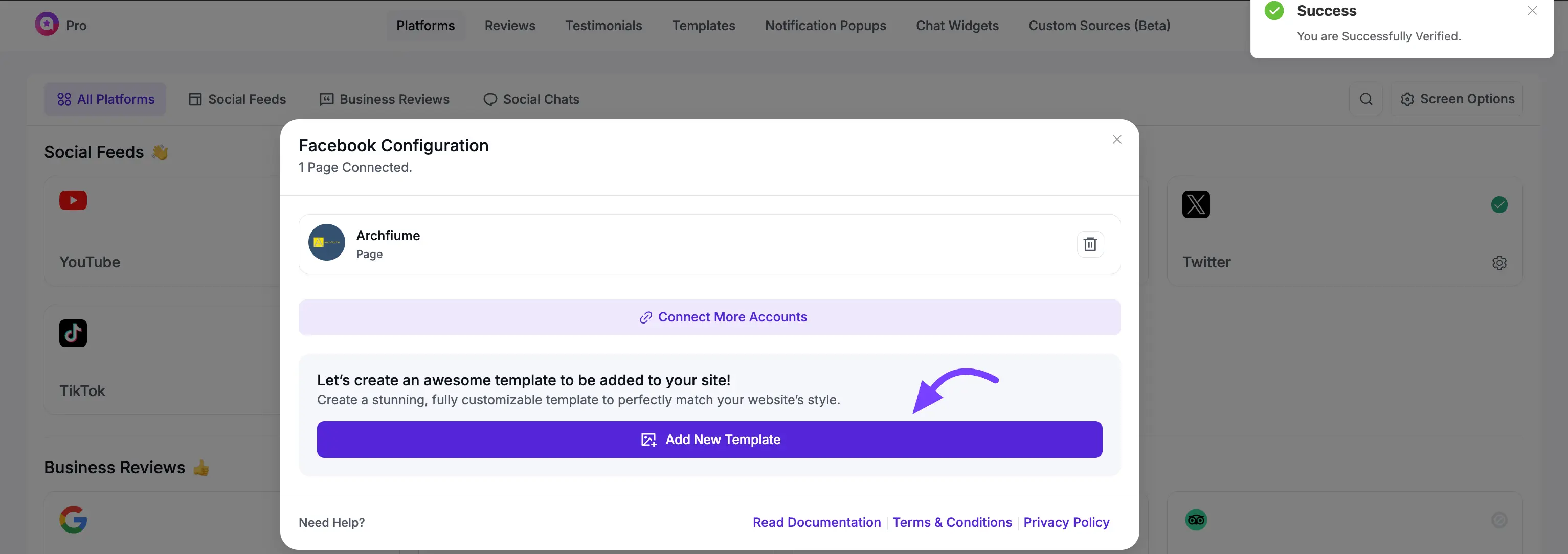 Connecting a Facebook page using access token- Facebook page successfully connected