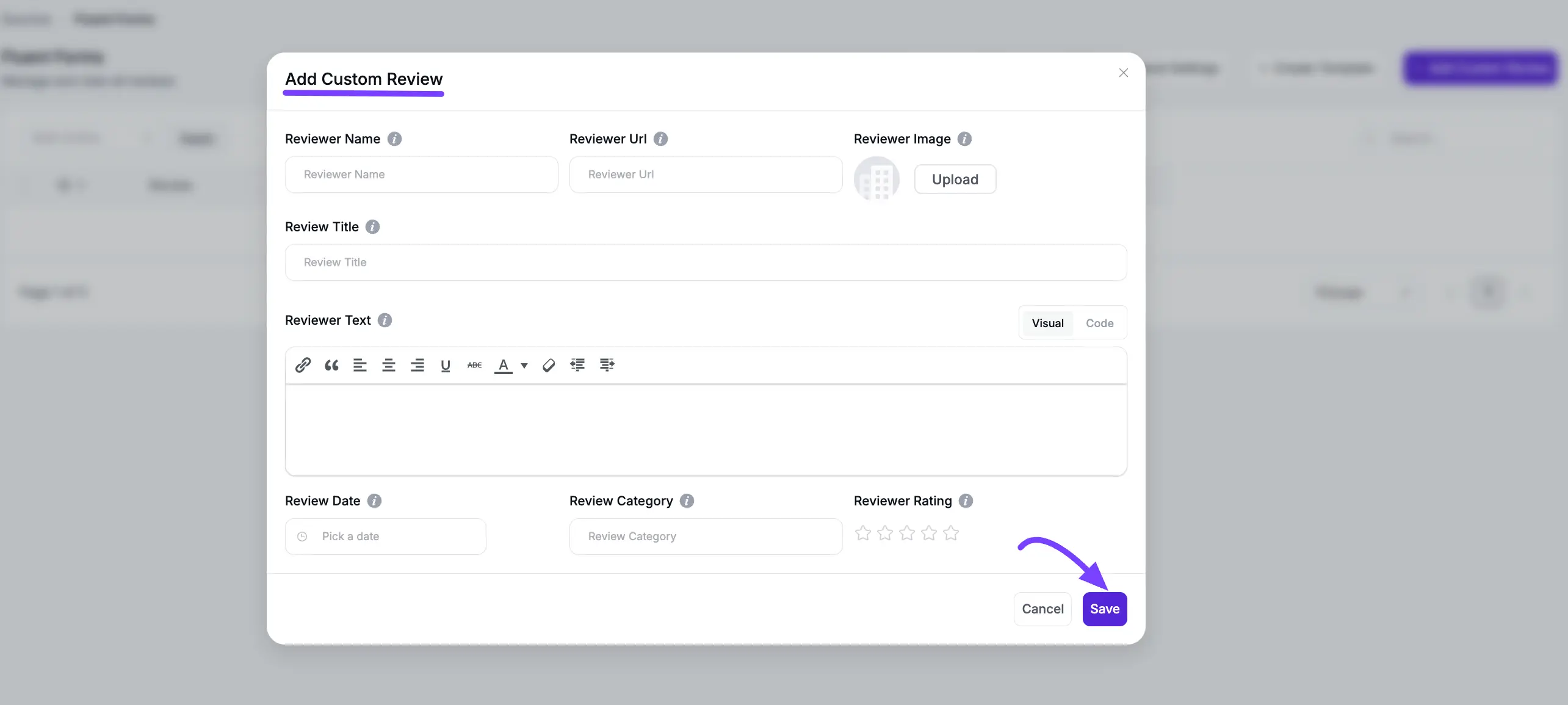 The 'Add Custom Review' pop-up form
