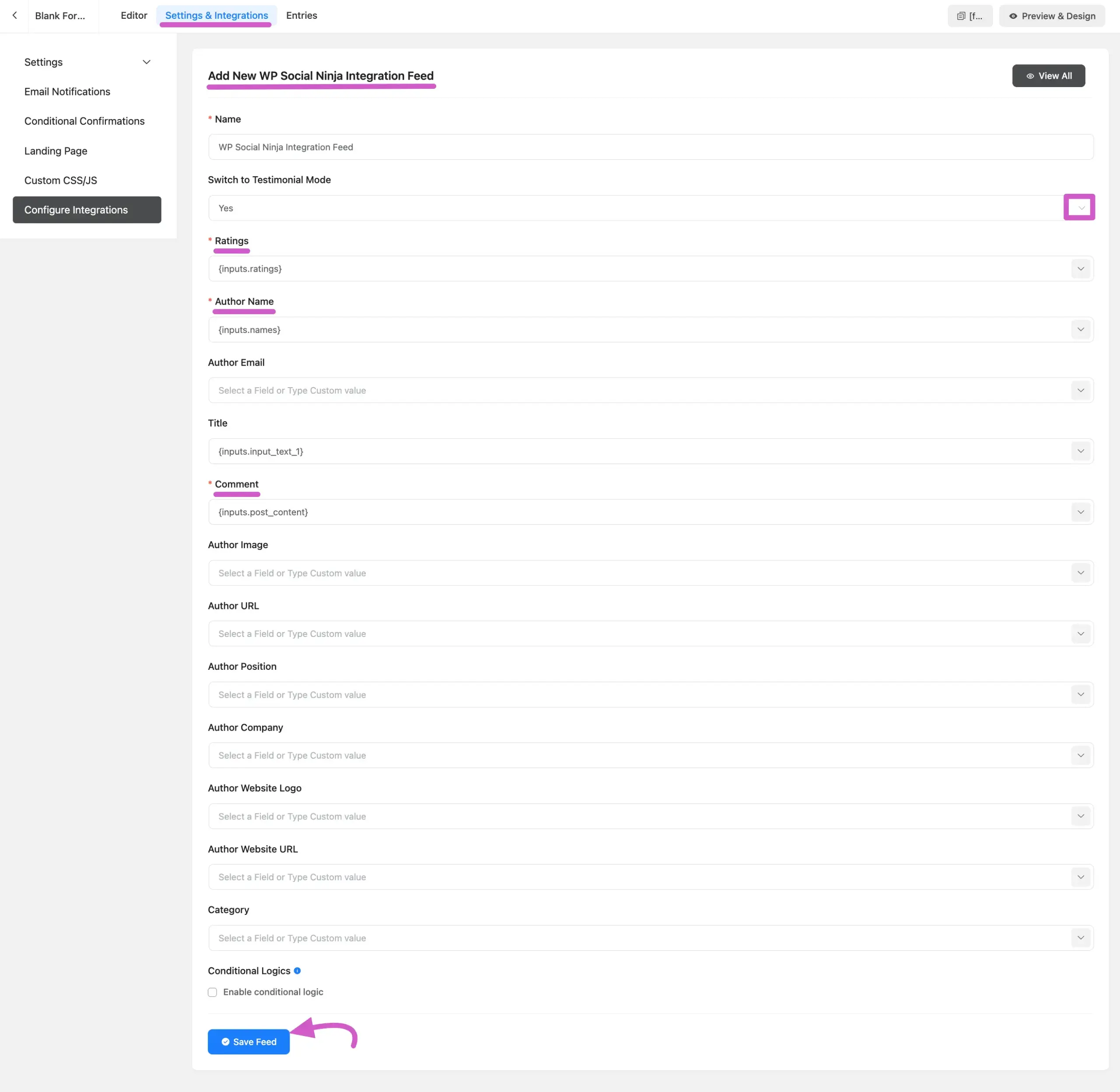 add new wp social ninja integration feed fluent forms 04