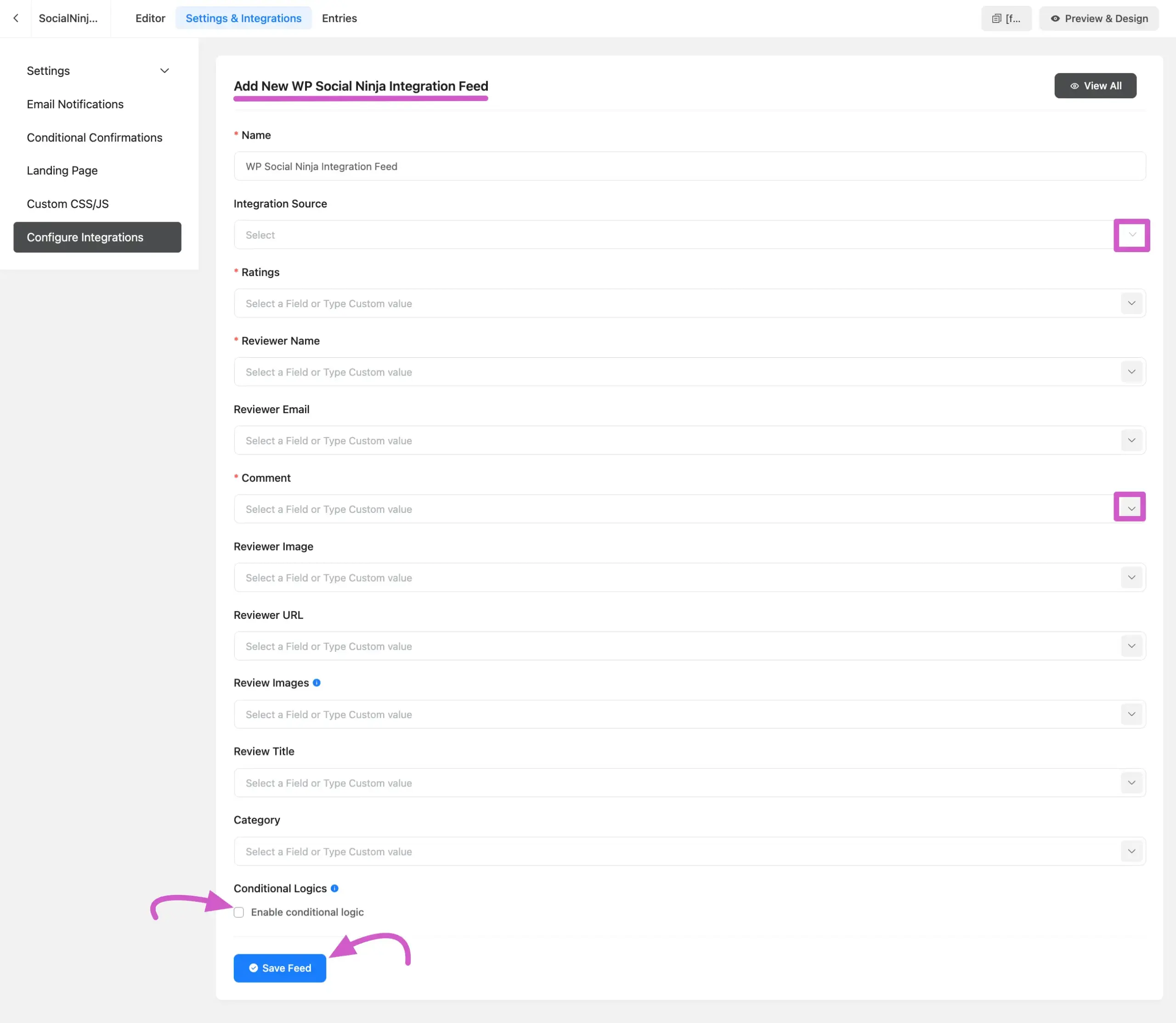 Add new WP social ninja integration feed