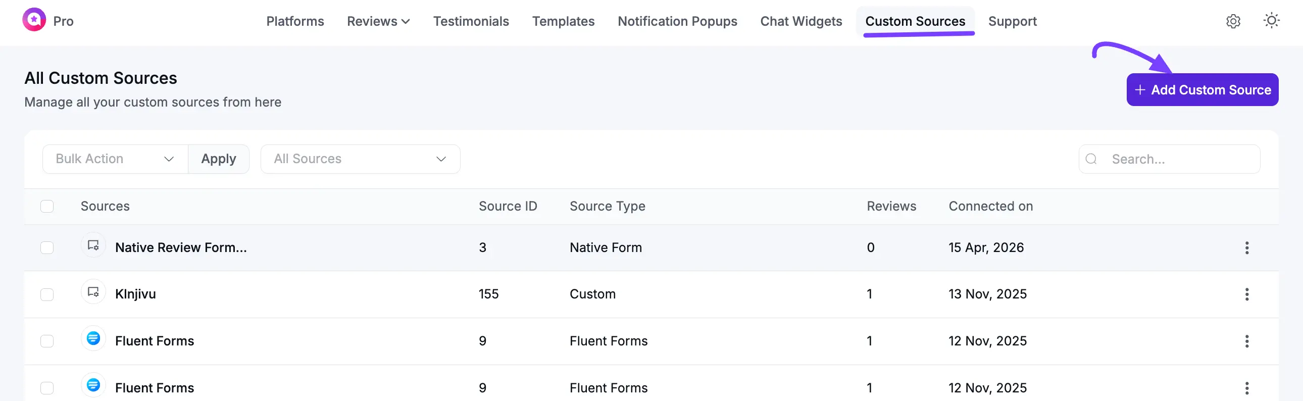 Clicking the Add Source button in Custom Sources