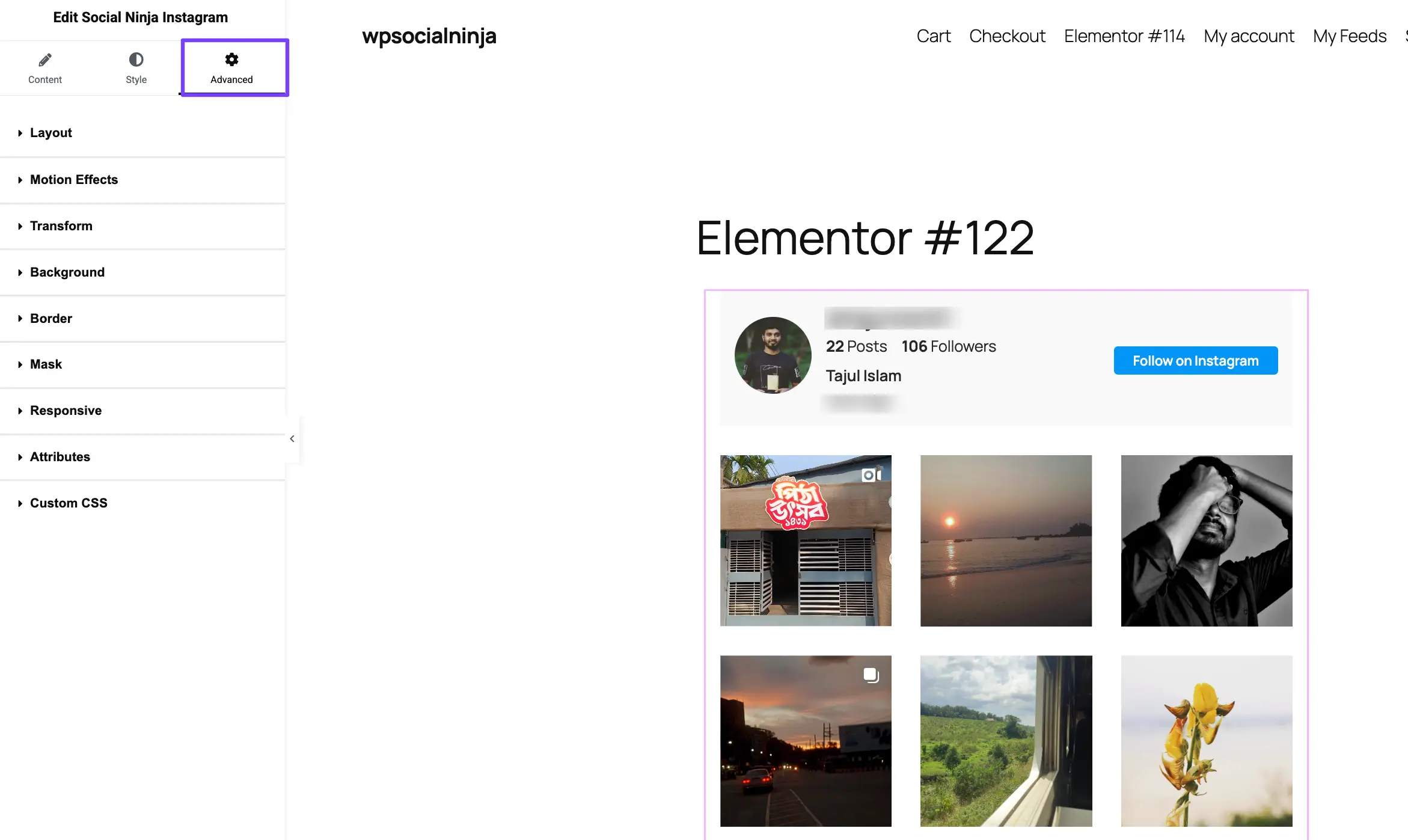 The 'Advanced' tab options like Layout, Motion Effects, etc.