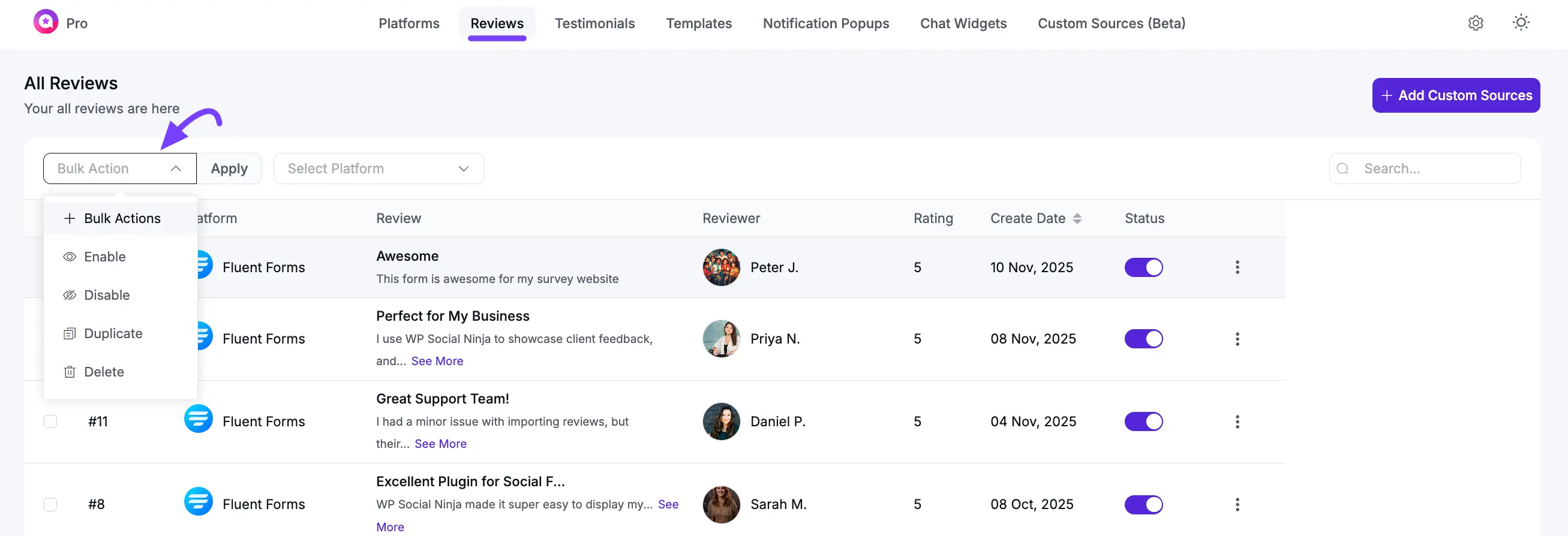The main Reviews dashboard in WP Social Ninja