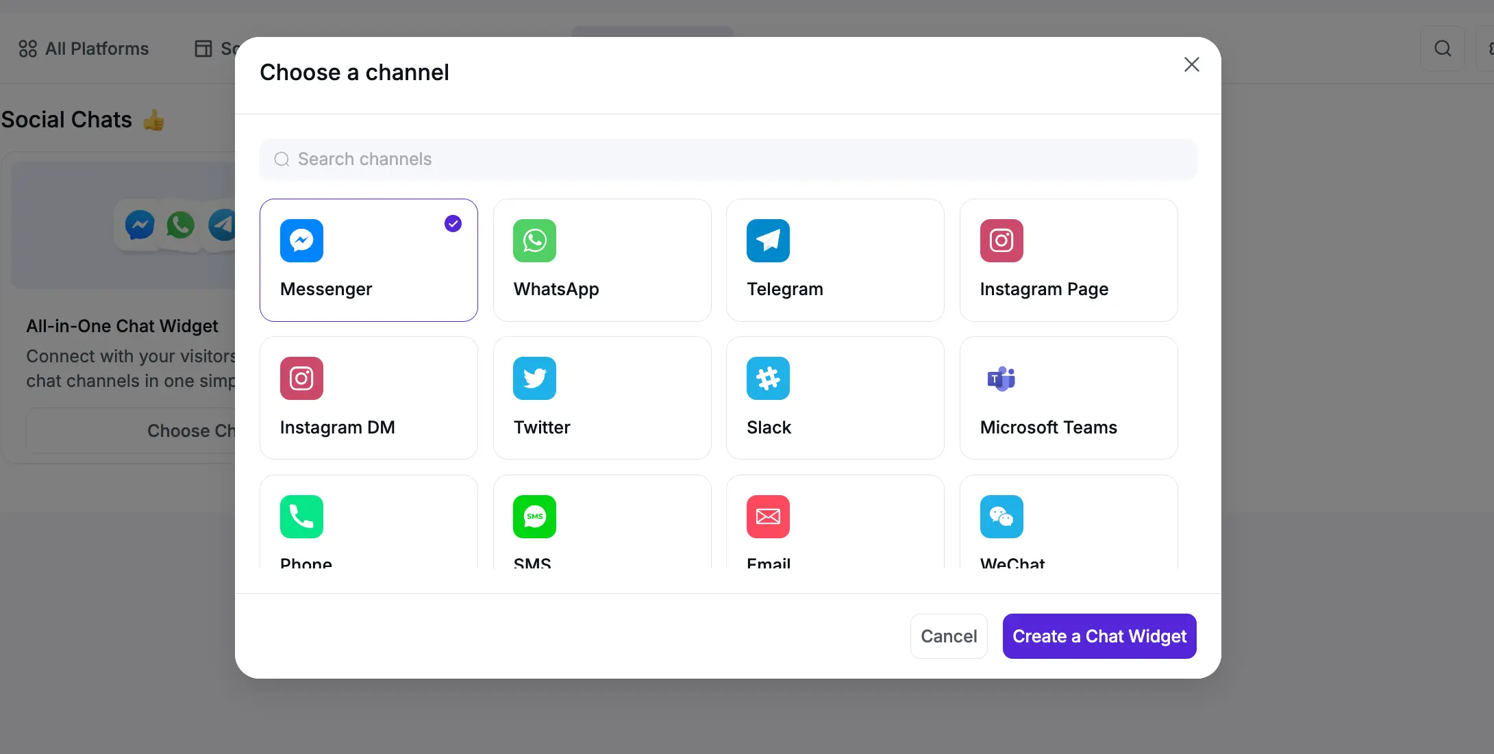 Pop-up list of available chat channels