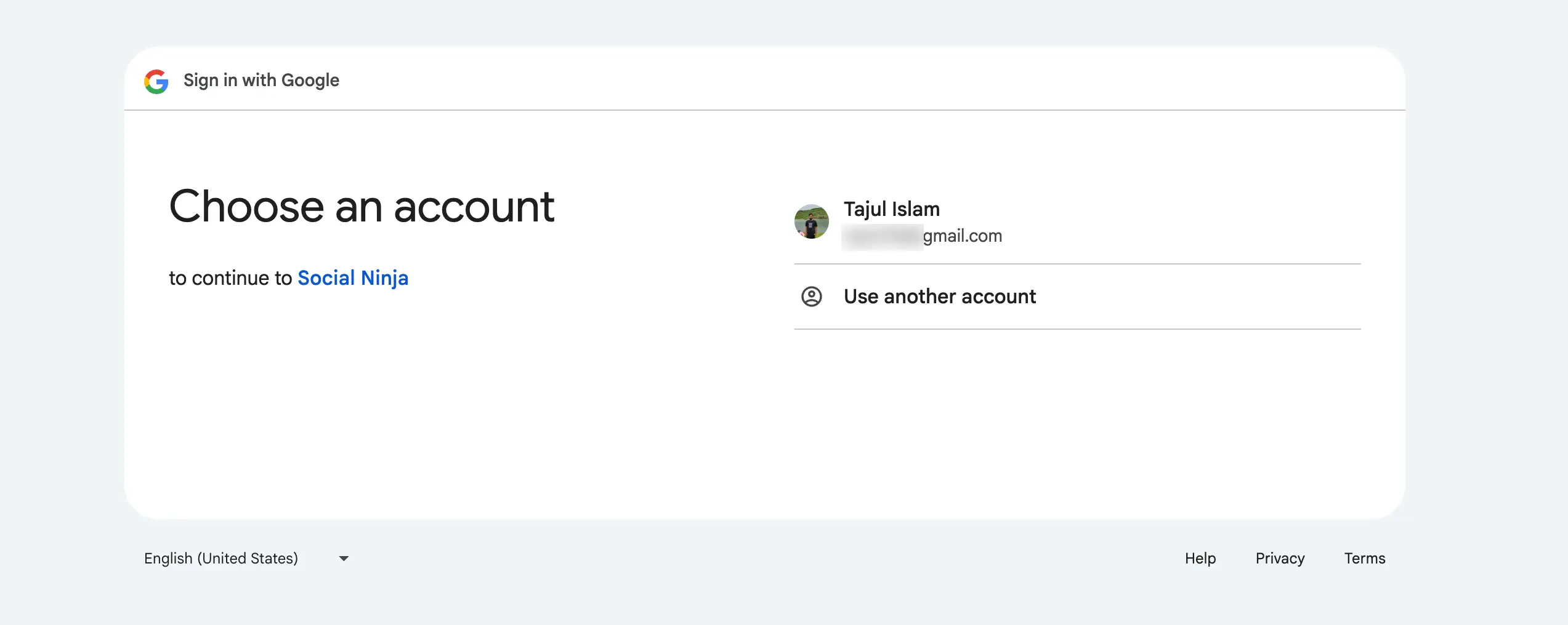 Google account selection pop-up