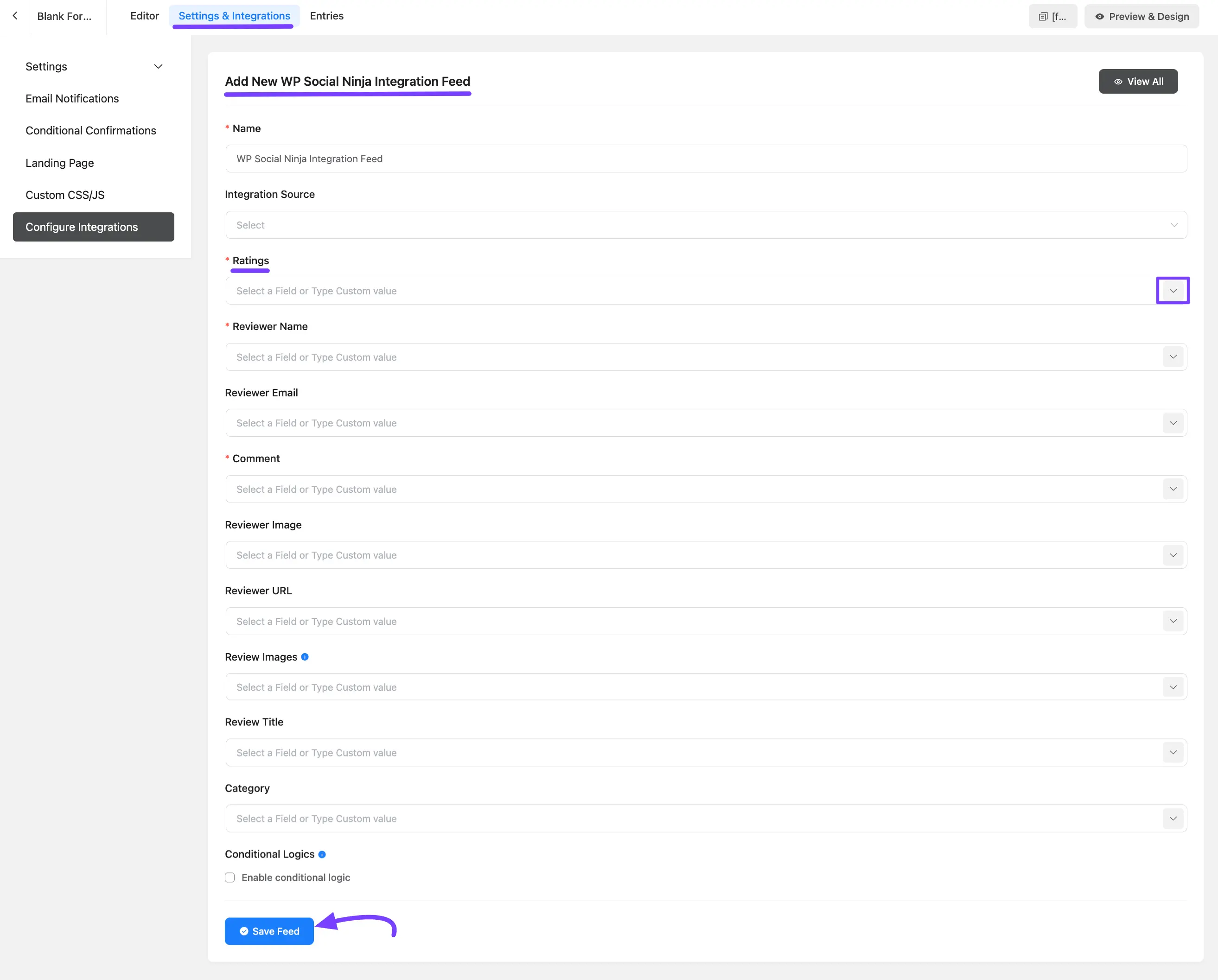 add new wp social ninja integration feed fluent forms 04