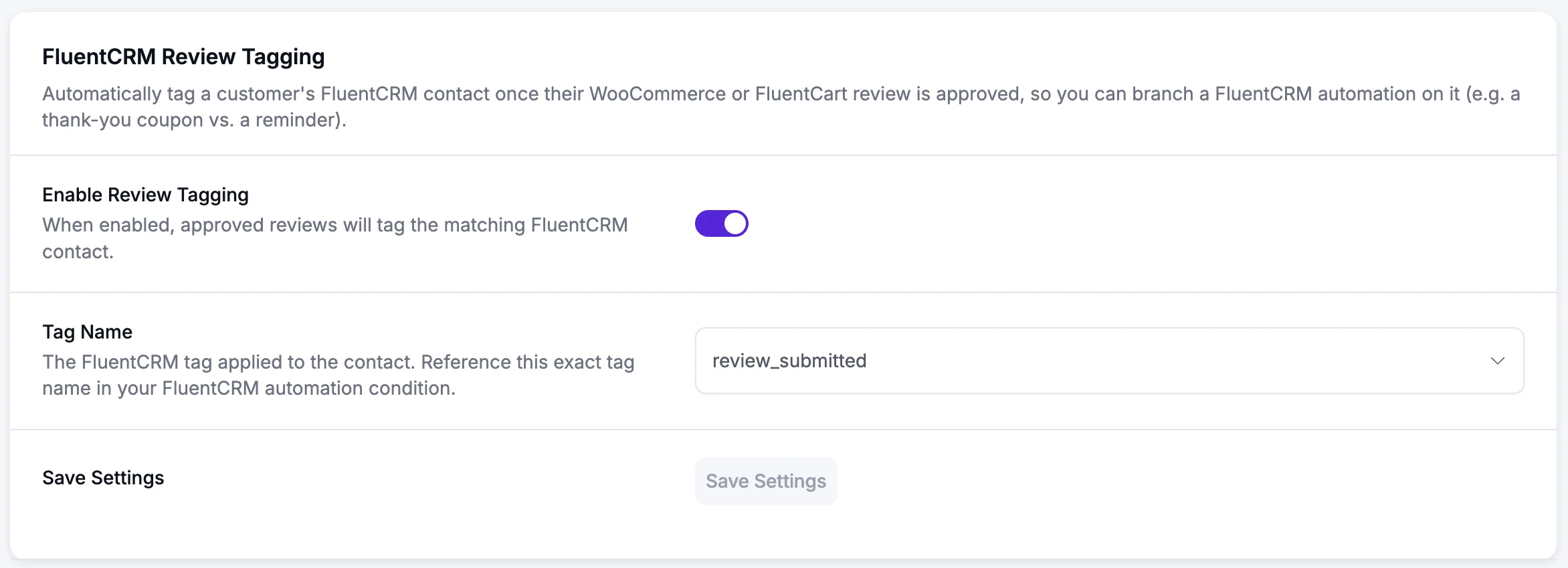 The FluentCRM Review Tagging card with the Enable Review Tagging toggle and Tag Name dropdown