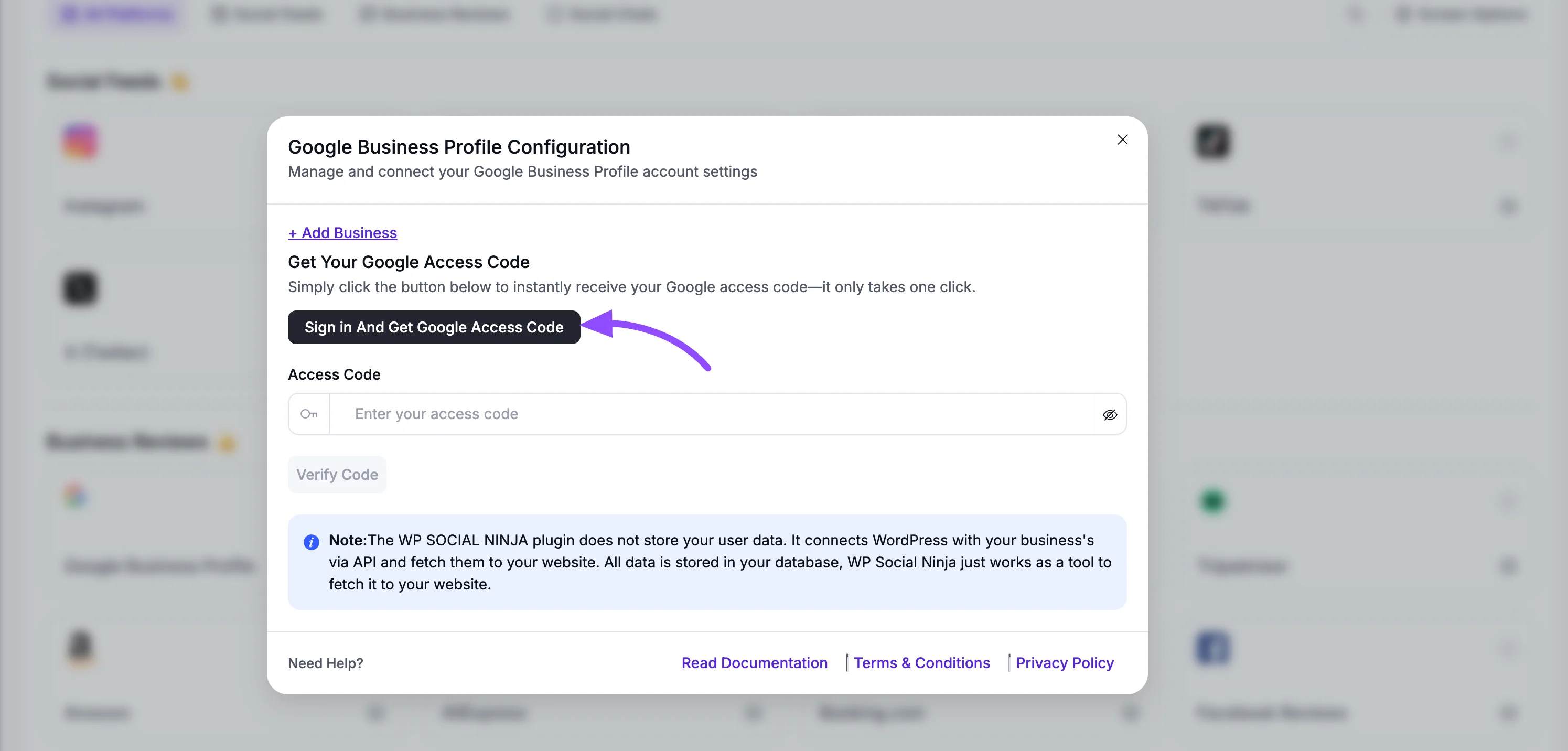 The Google Business Profile Configuration pop-up with the Sign in And Get Google Access Code button