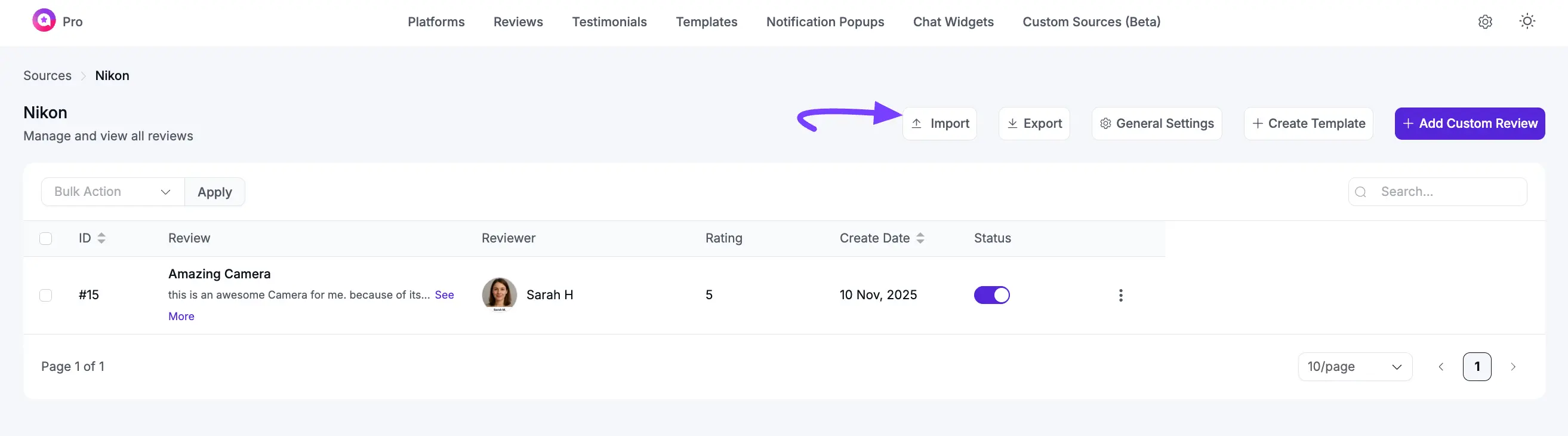 Clicking the 'Import' button