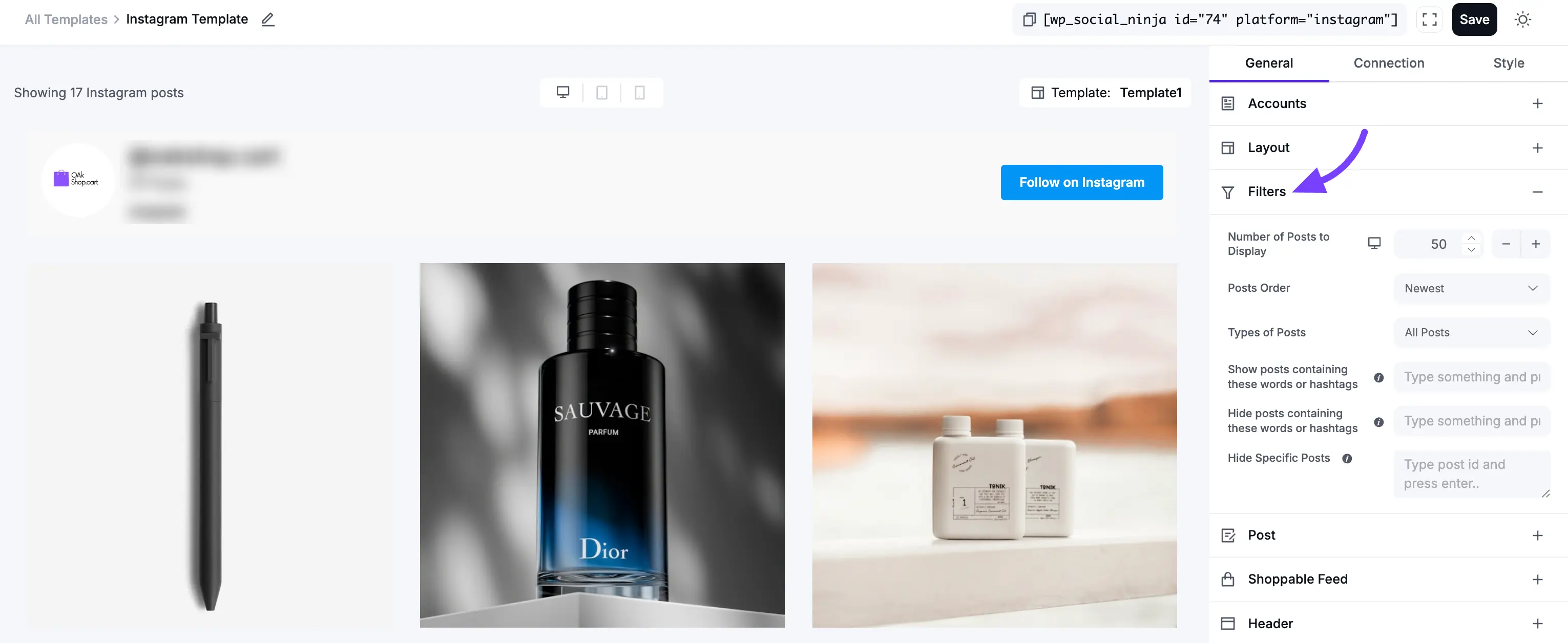 Instagram Feed Template Settings