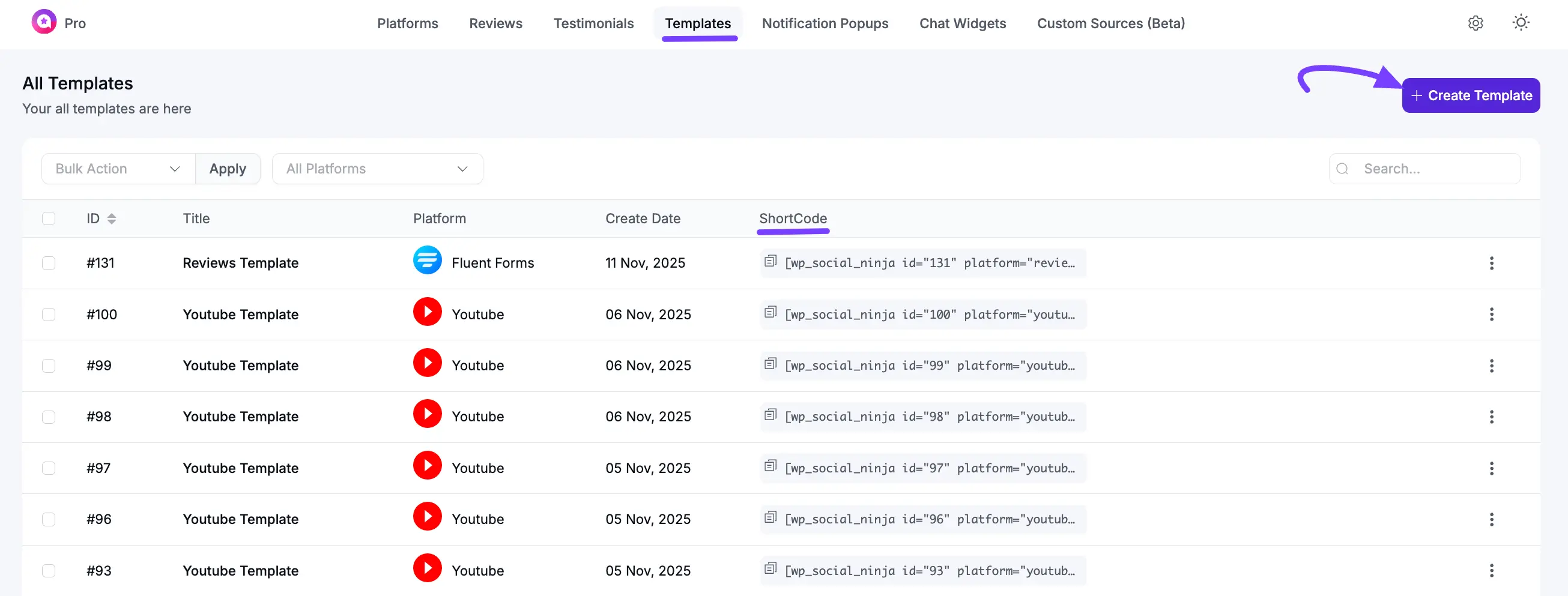 Copying a shortcode from the Templates list