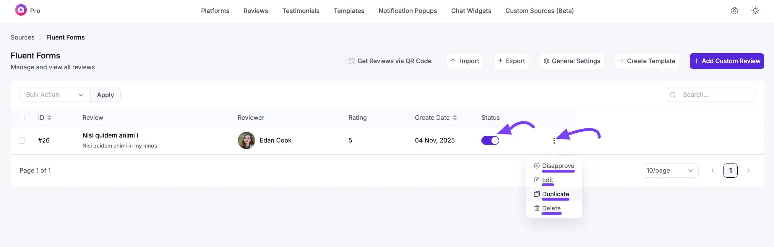 Managing incoming reviews from a Fluent Form source