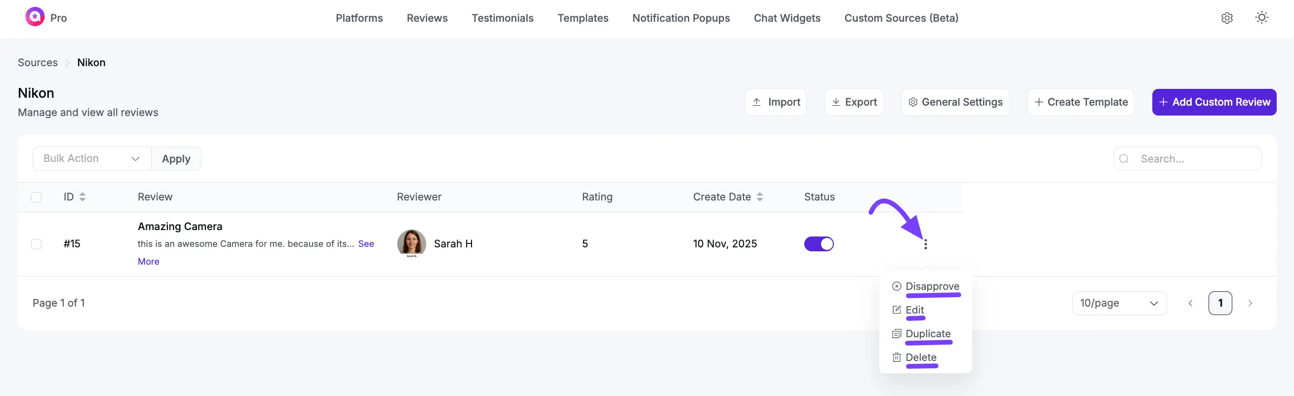 Managing reviews with the toggle and actions menu