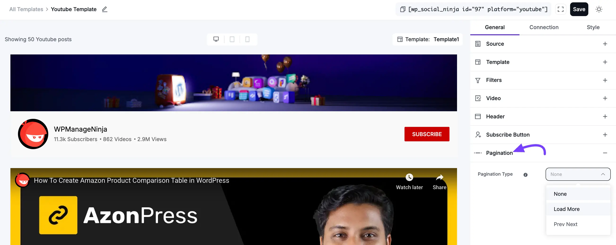 Pagination settings for the YouTube feed