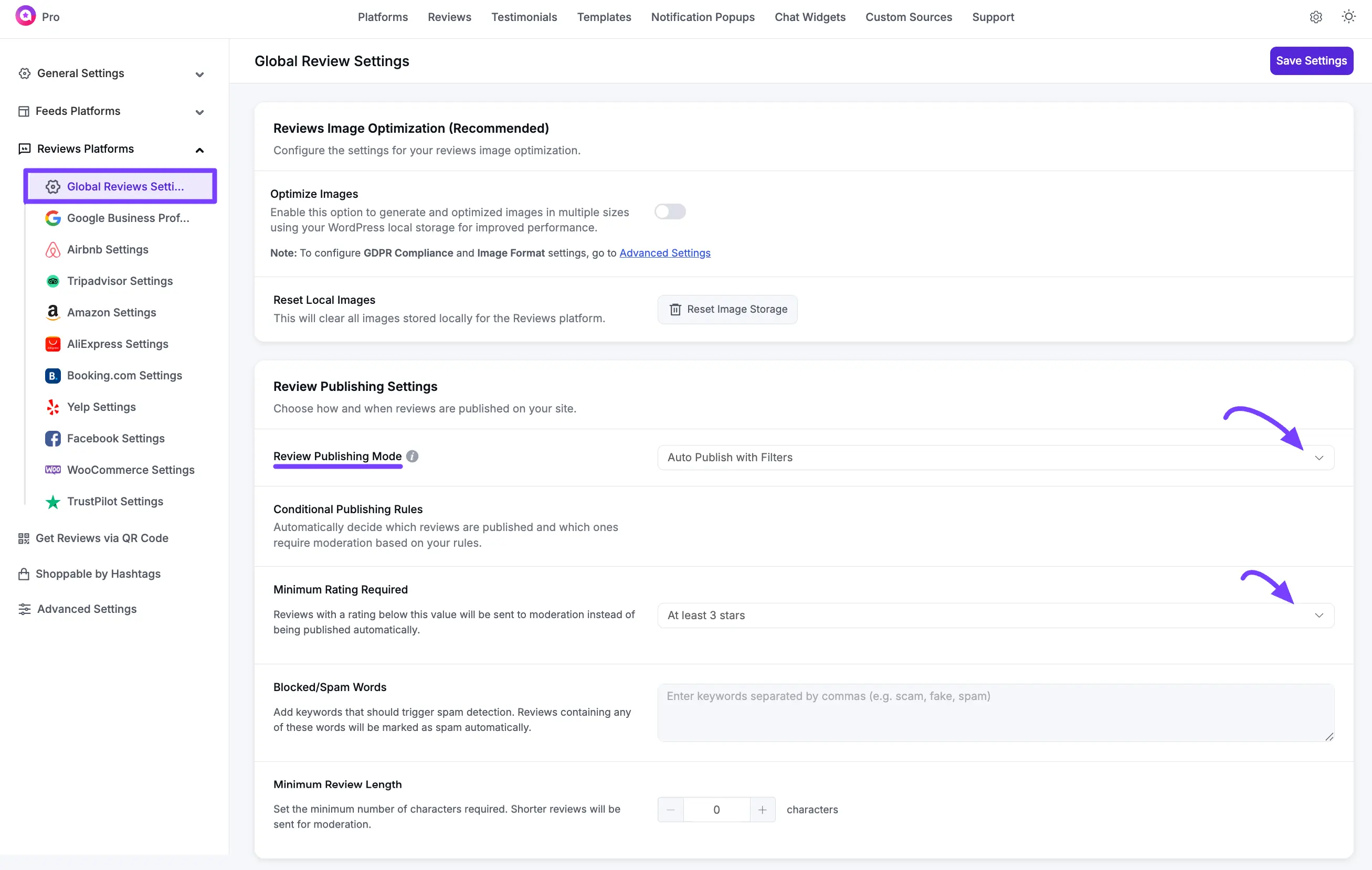 Review Publishing Settings