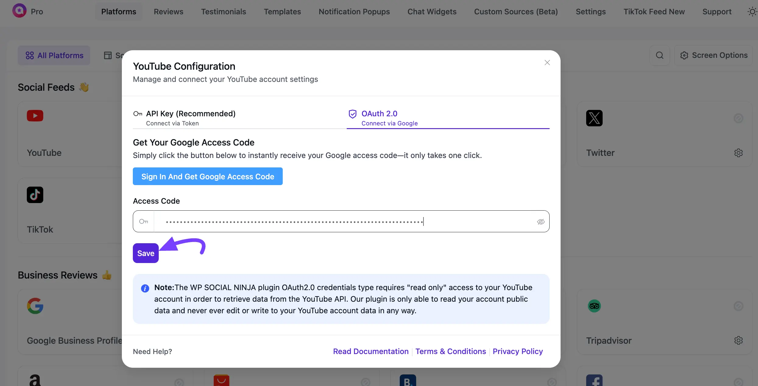 Pasting the Access Code into WP Social Ninja