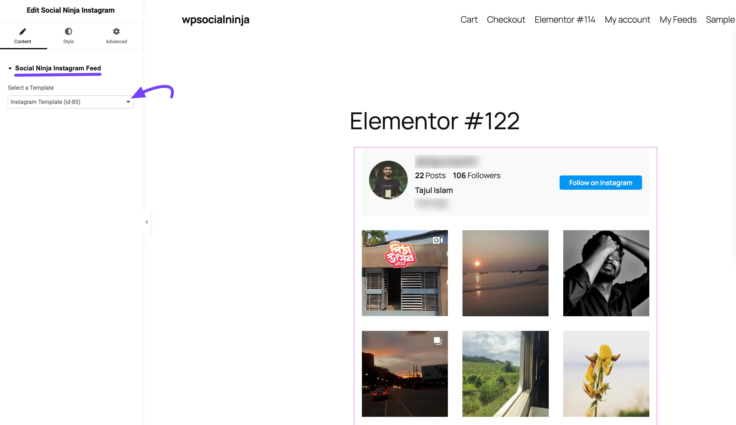 Selecting a template from the widget's dropdown menu in Elementor