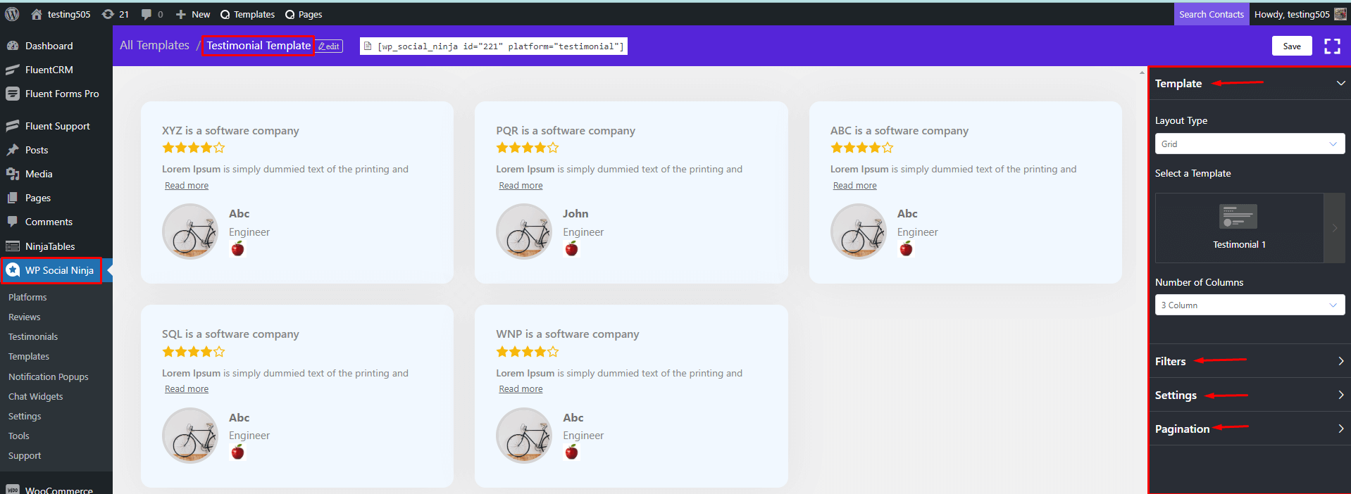 Testimonials | Editor Settings Panel