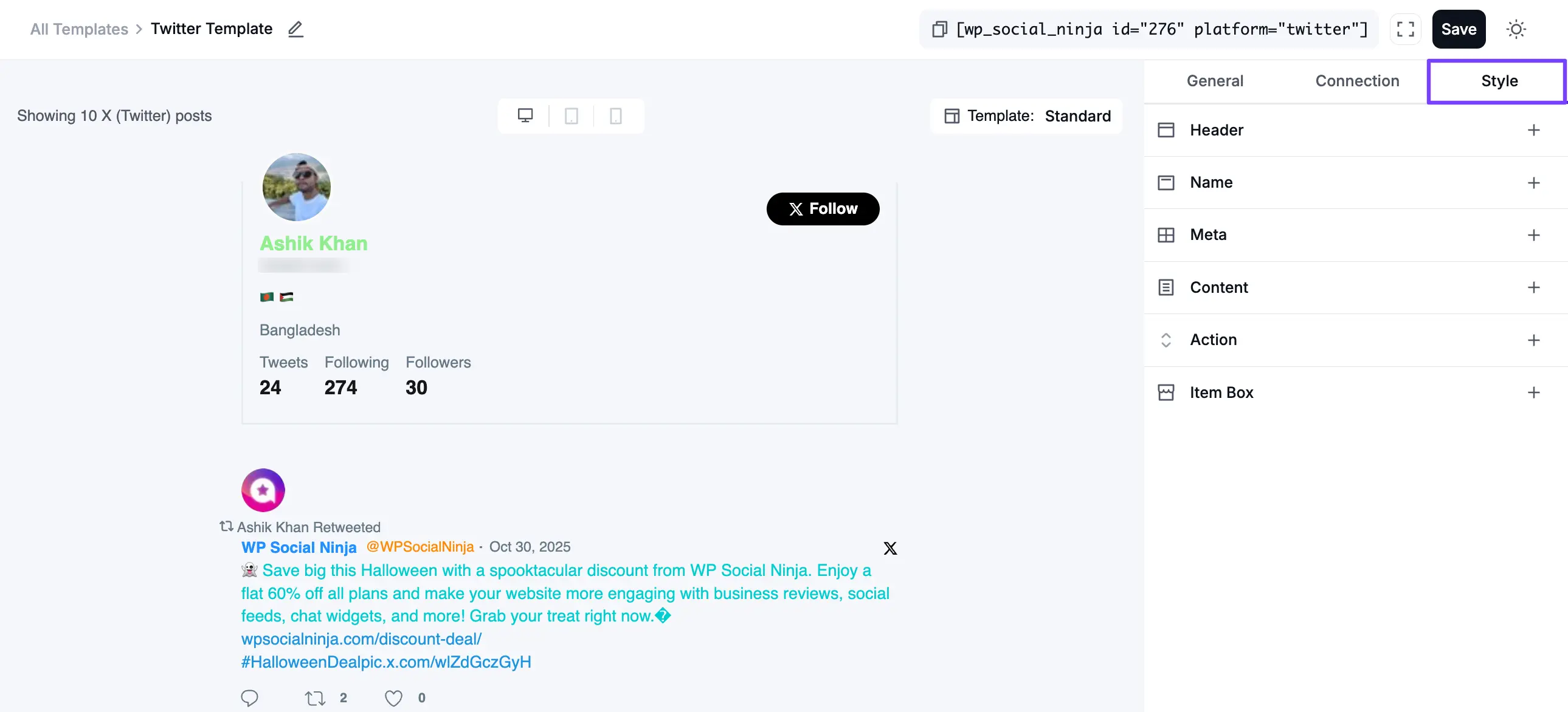 Styling options for a social feed template