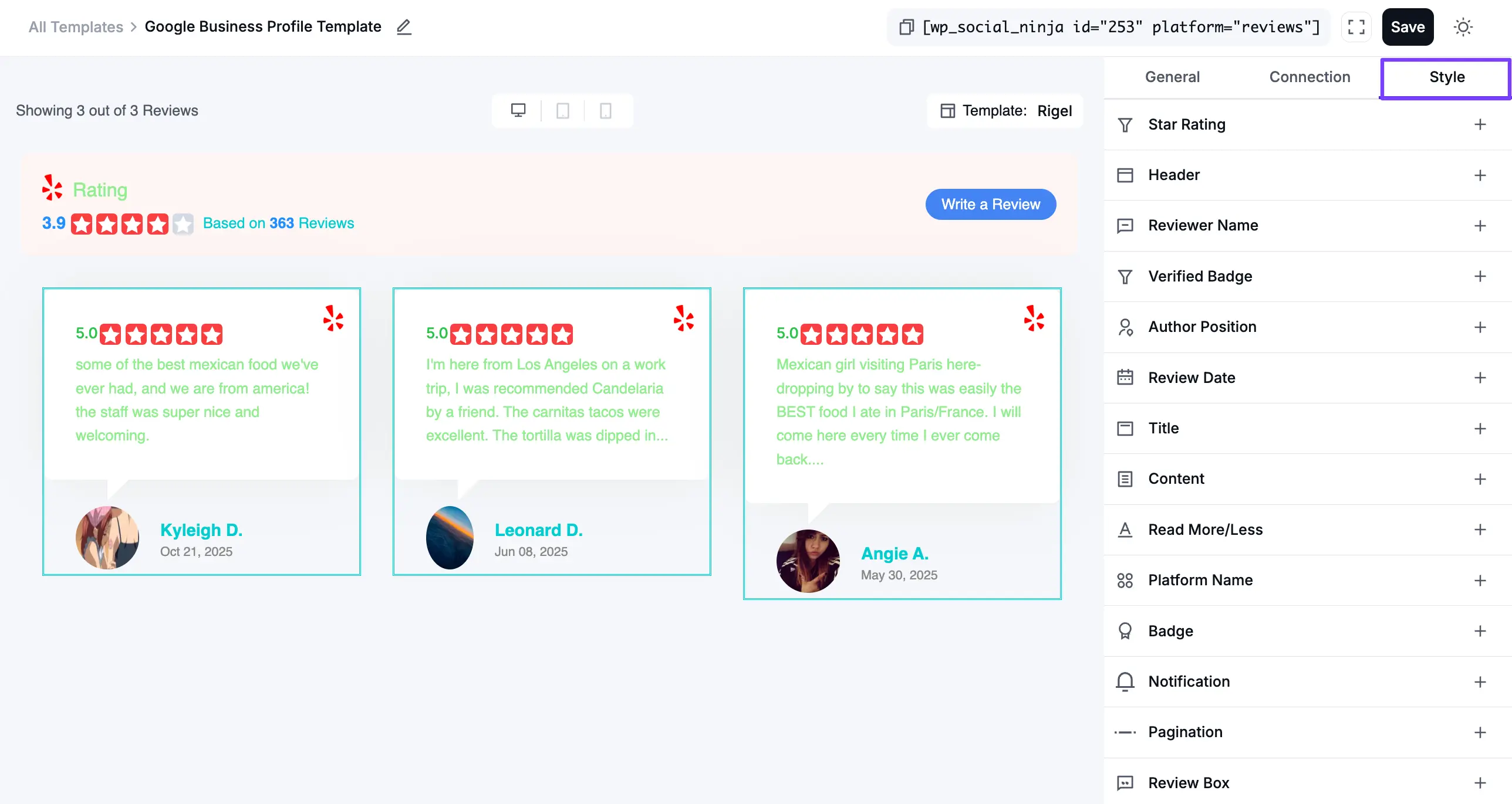 Styling options for a business review template