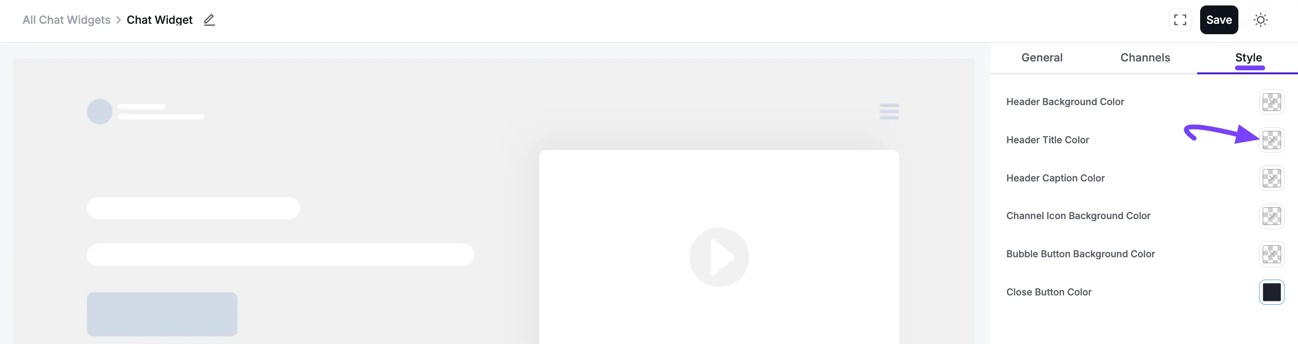 The Style tab in the Chat Widget settings