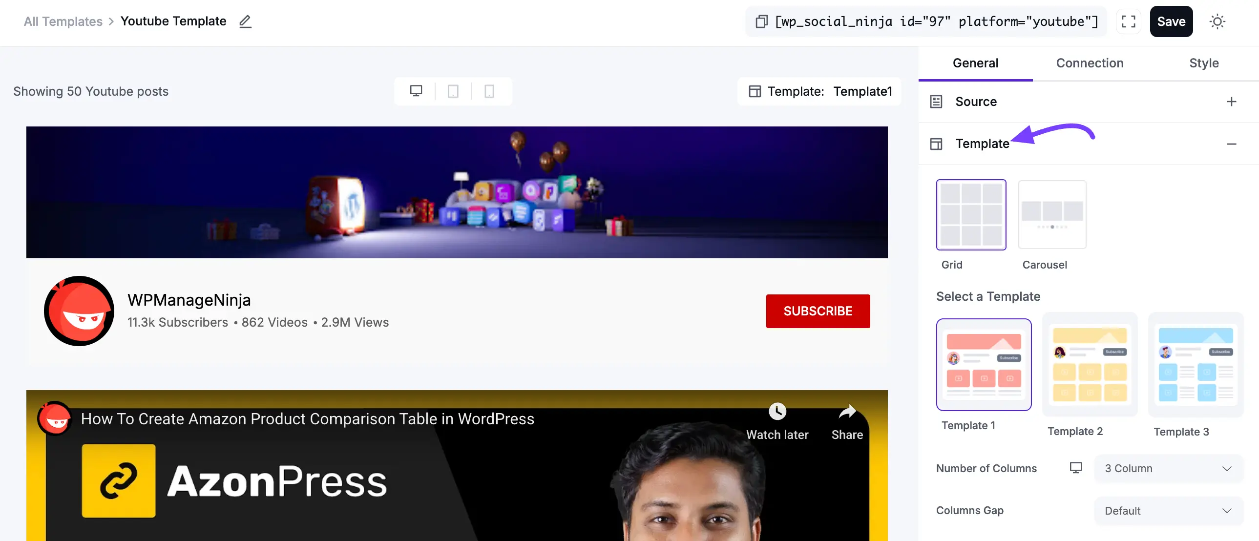 Template layout settings for the YouTube feed