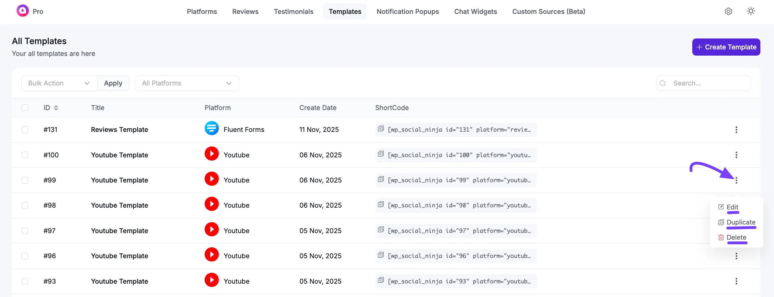 The main Templates overview screen in WP Social Ninja