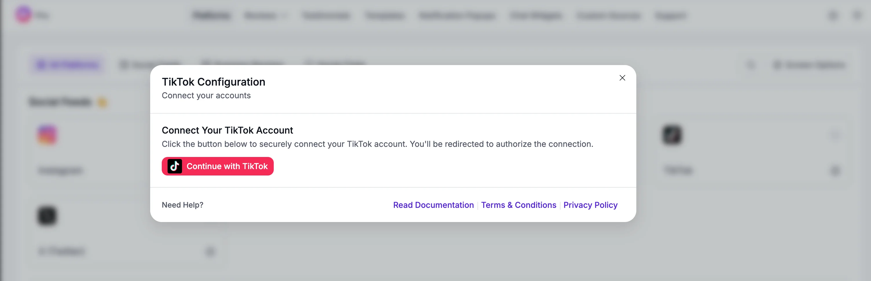 The TikTok Configuration pop-up with the Continue with TikTok button