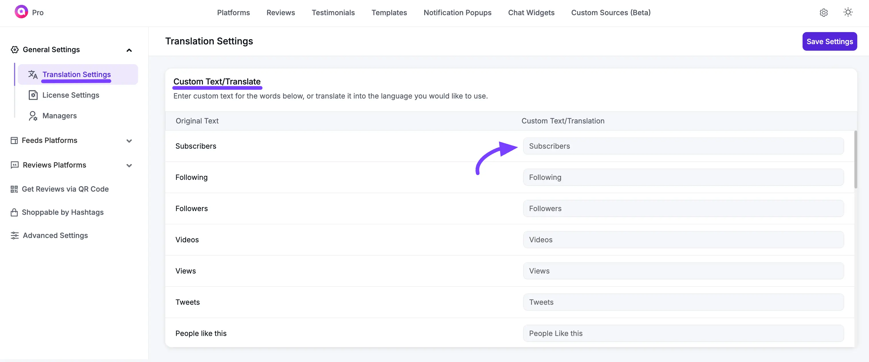 Translation settings with WP Social Ninja