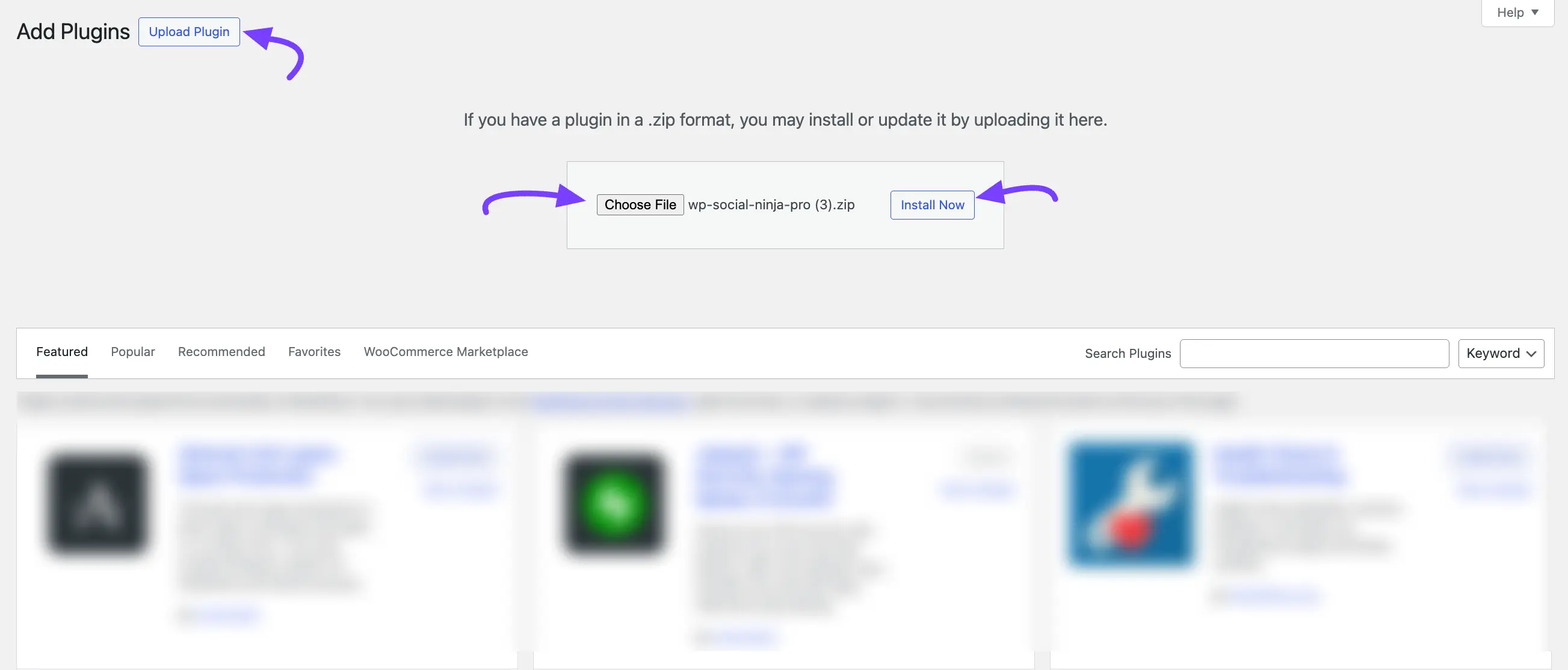 Uploading the WP Social Ninja Pro zip file