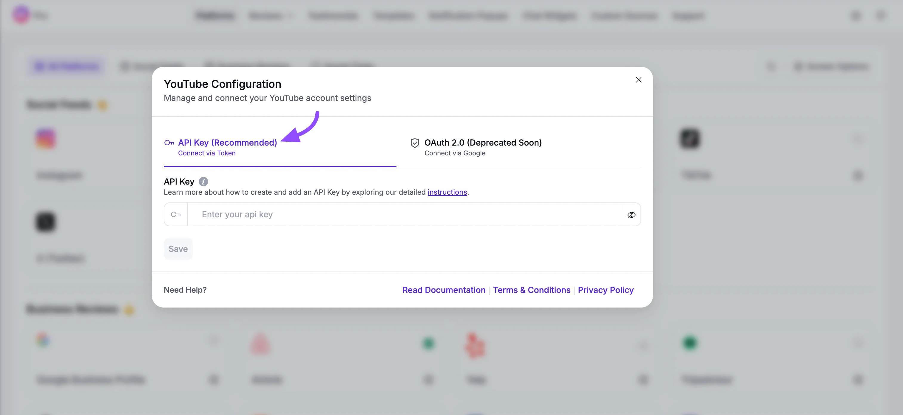The YouTube Configuration pop-up with the API Key (Recommended) tab selected