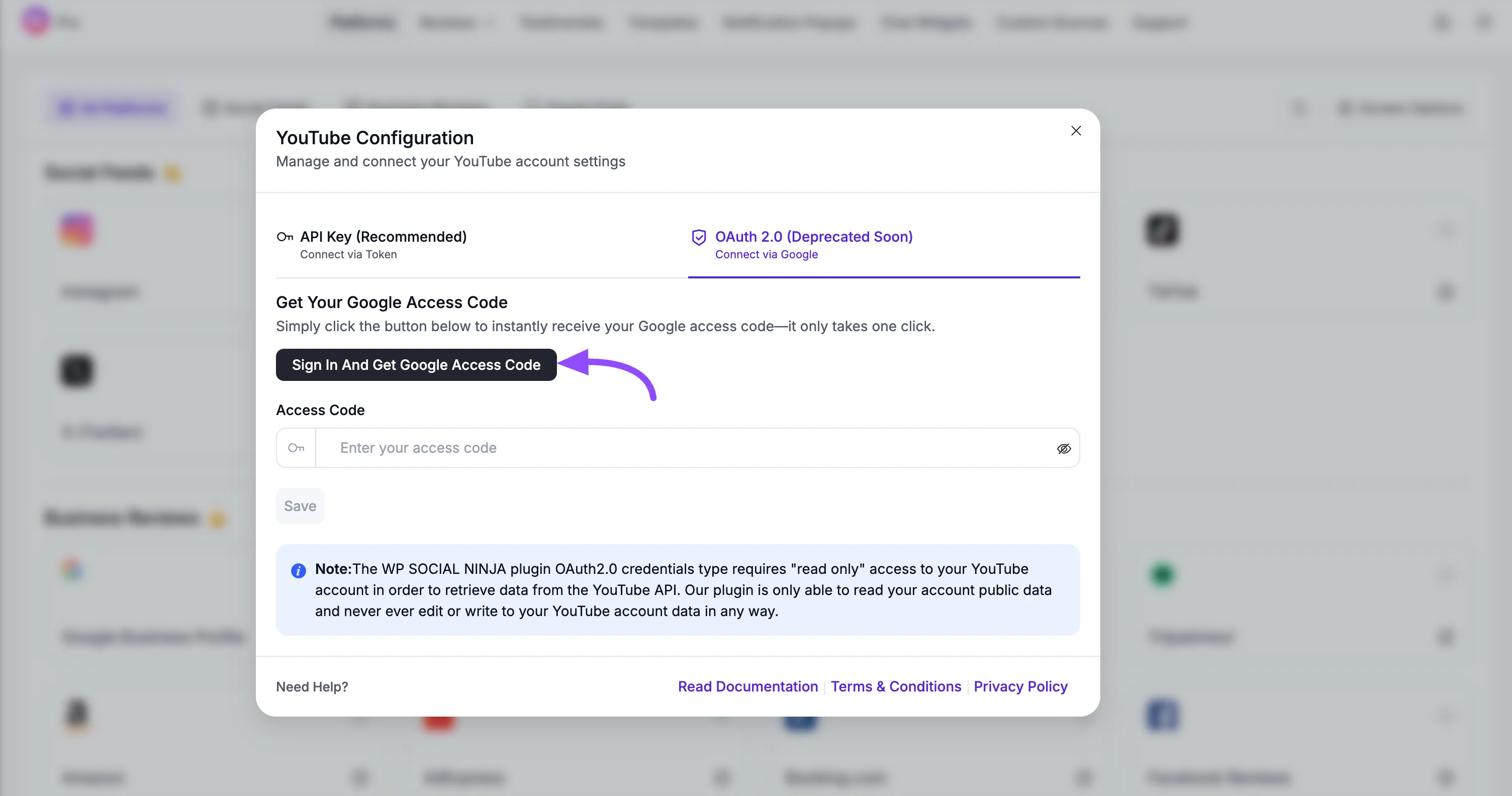 The YouTube Configuration pop-up with the OAuth 2.0 (Connect via Google) tab and Sign In And Get Google Access Code button