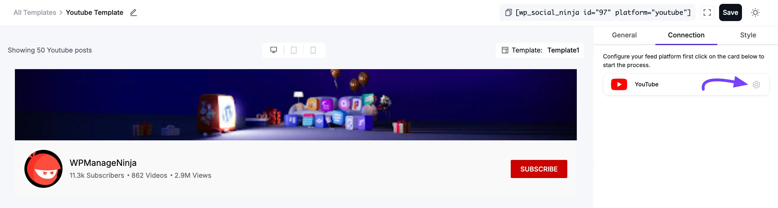 Connection tab settings for the YouTube feed