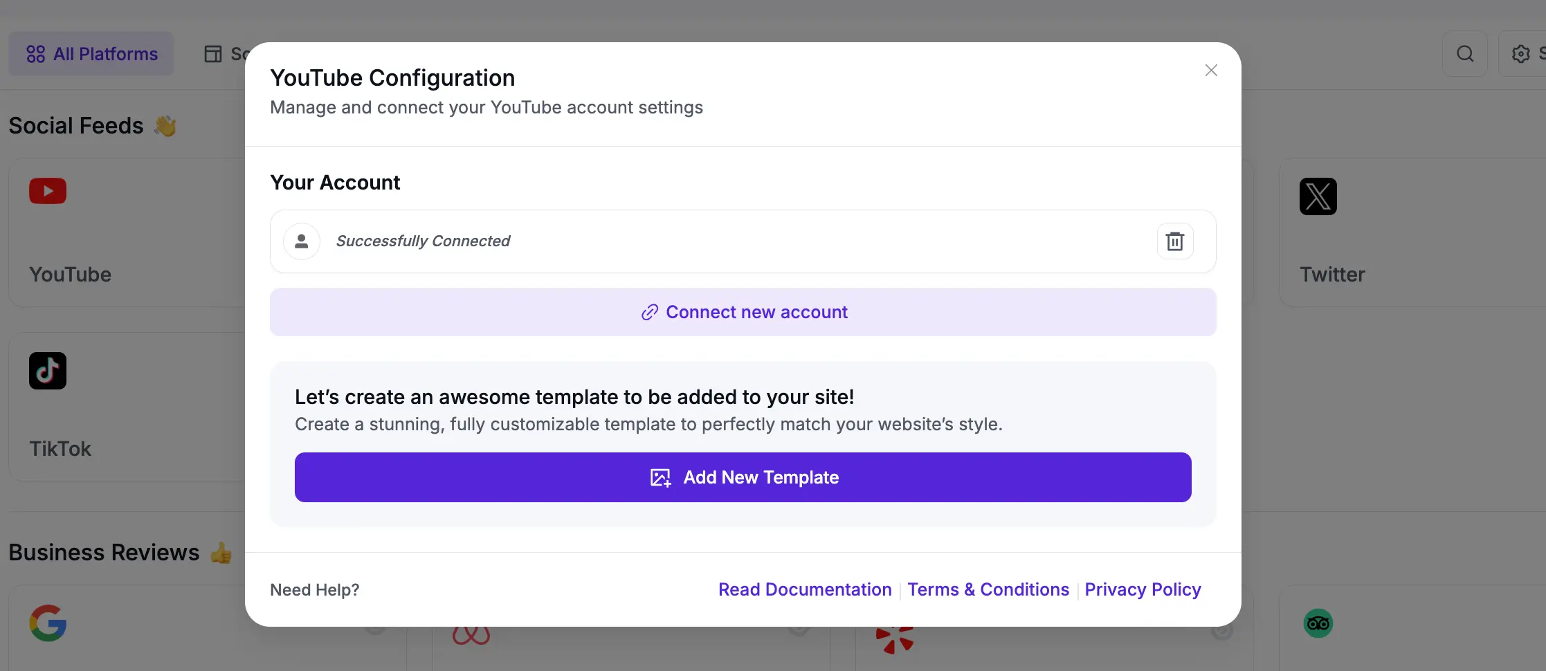 YouTube connection success message